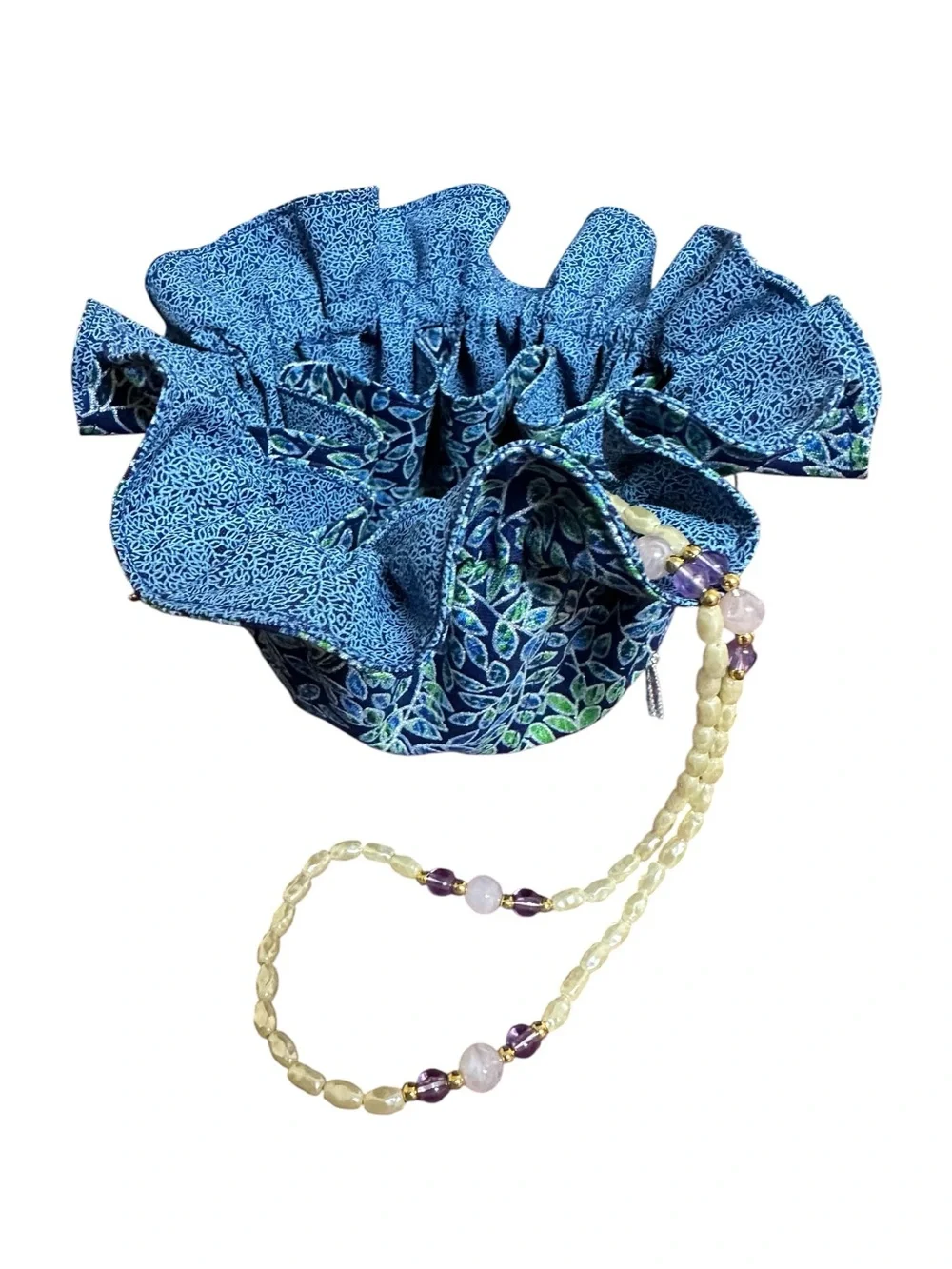 Elegant Blue Leaf Pattern Drawstring Jewelry Travel Cinch Bag