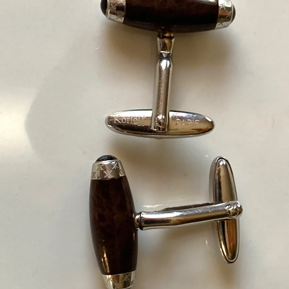 Korloff Paris Luxury Wood & Silver Designer Barrel Cufflinks France