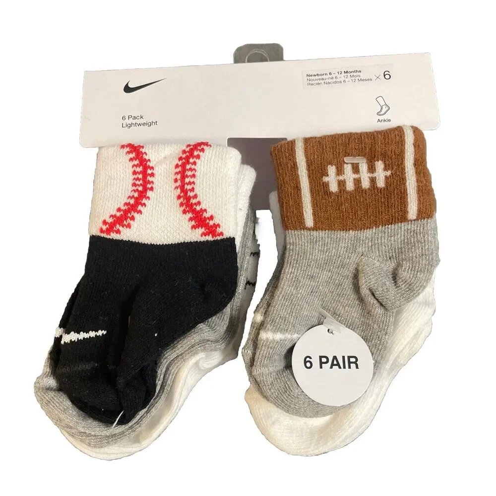 Nike Sports Ankle Gripper Socks 6-Pairs Newborn 6-12 Months Black/White/Gray