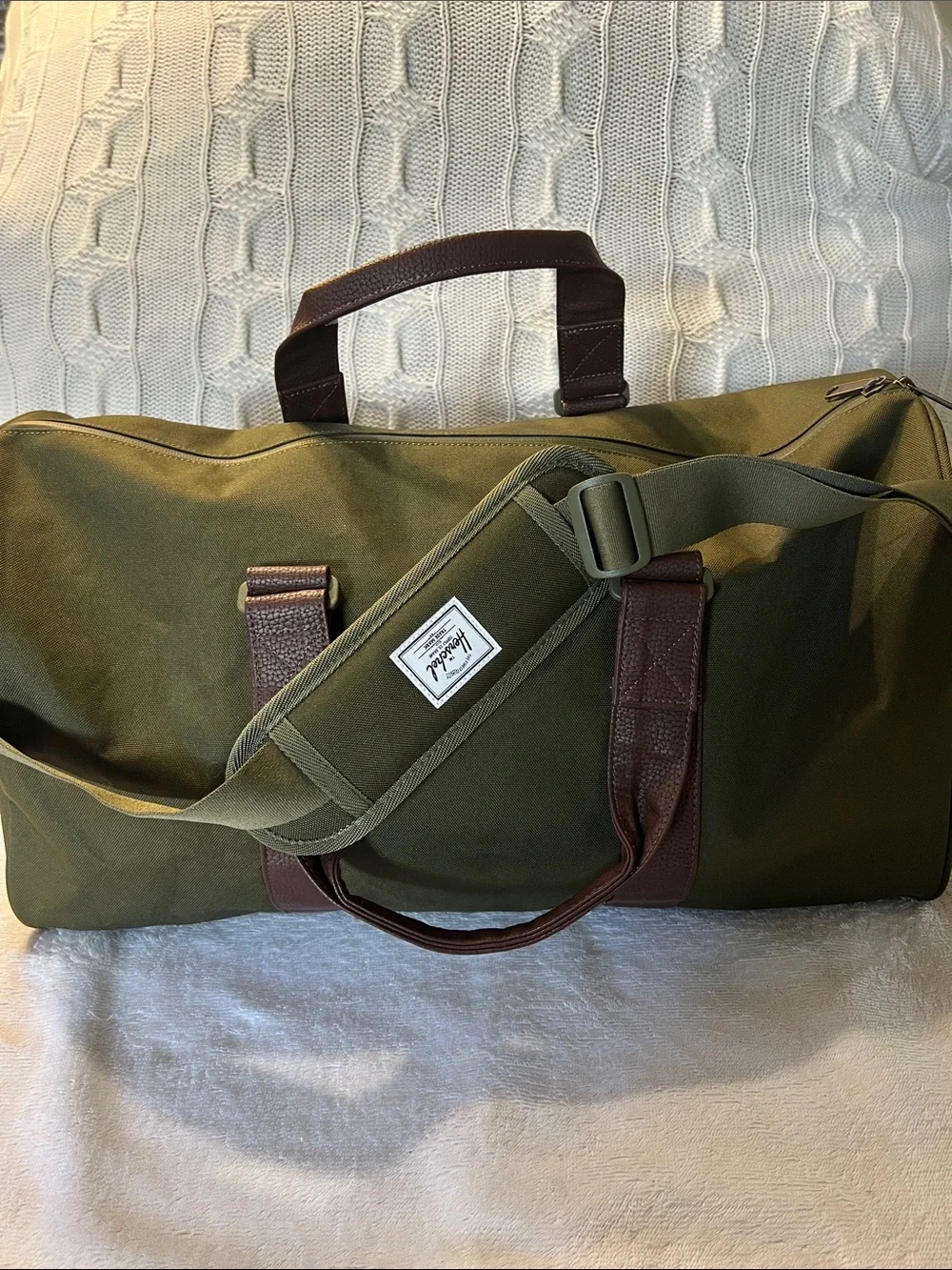 Herschel Ivy Green Duffel with Brown Leather-Style Straps