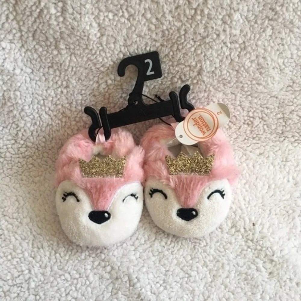 Wonder Nation Fox Slippers Baby Girls Size 3 Pink NEW Glitter Crown‎ Faux Fur