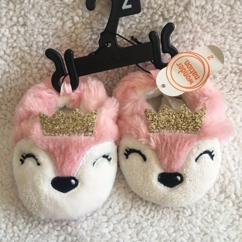 Wonder Nation Fox Slippers Baby Girls Size 3 Pink NEW Glitter Crown‎ Faux Fur