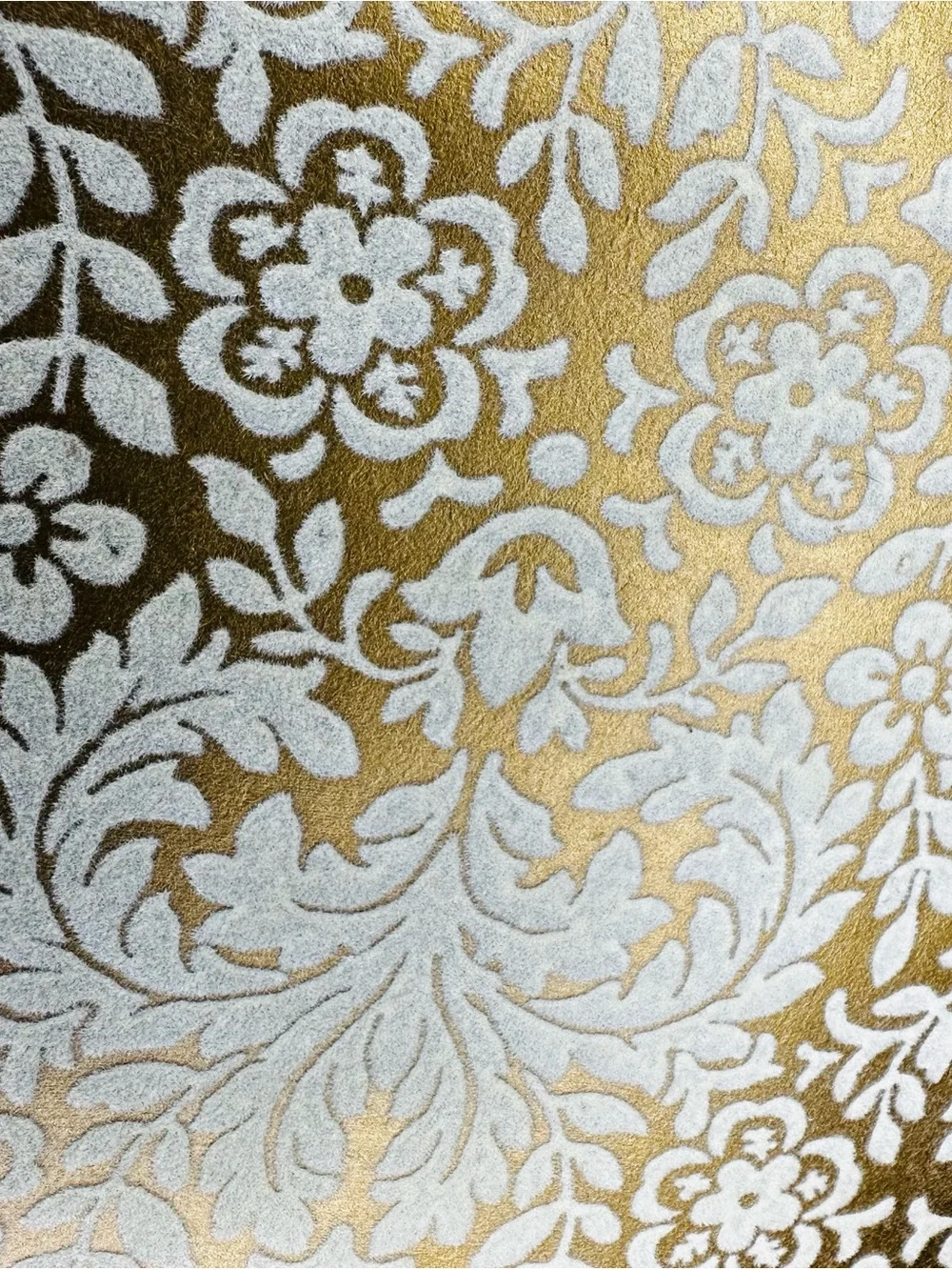 Vintage 1970s Flocked Damask Wallpaper Roll White Velvet Gold Floral 20.5”