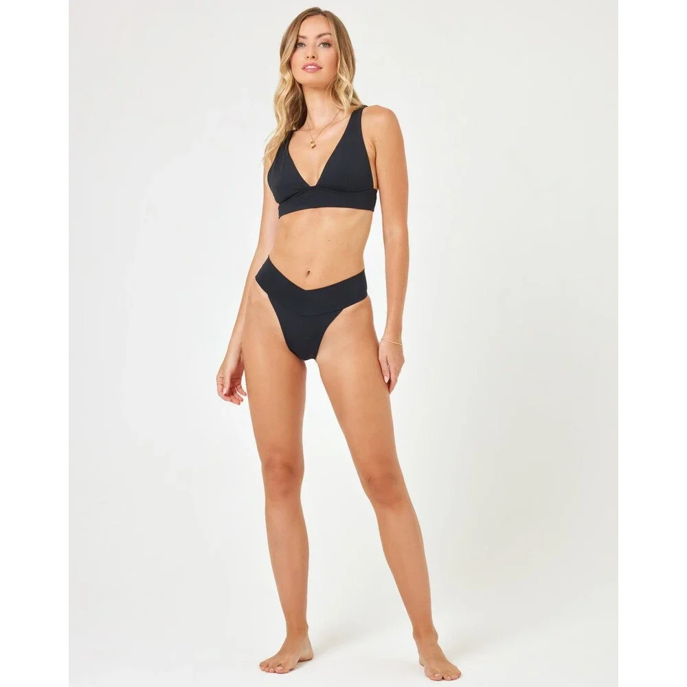 L*Space Quinn Bikini Bottom Womens Medium Black Stretch V Front Swimwear GBO2760