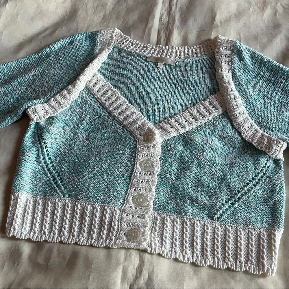 LoveShackFancy- Cotton Candy Geneve Crop Knit Sweater Cardigan Baby Blue Size XL
