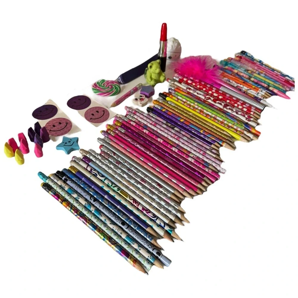 Y2K Vintage Girly Pencils Erasers Stickers Lot 60+ Novelty School‎ Supplies B20Q
