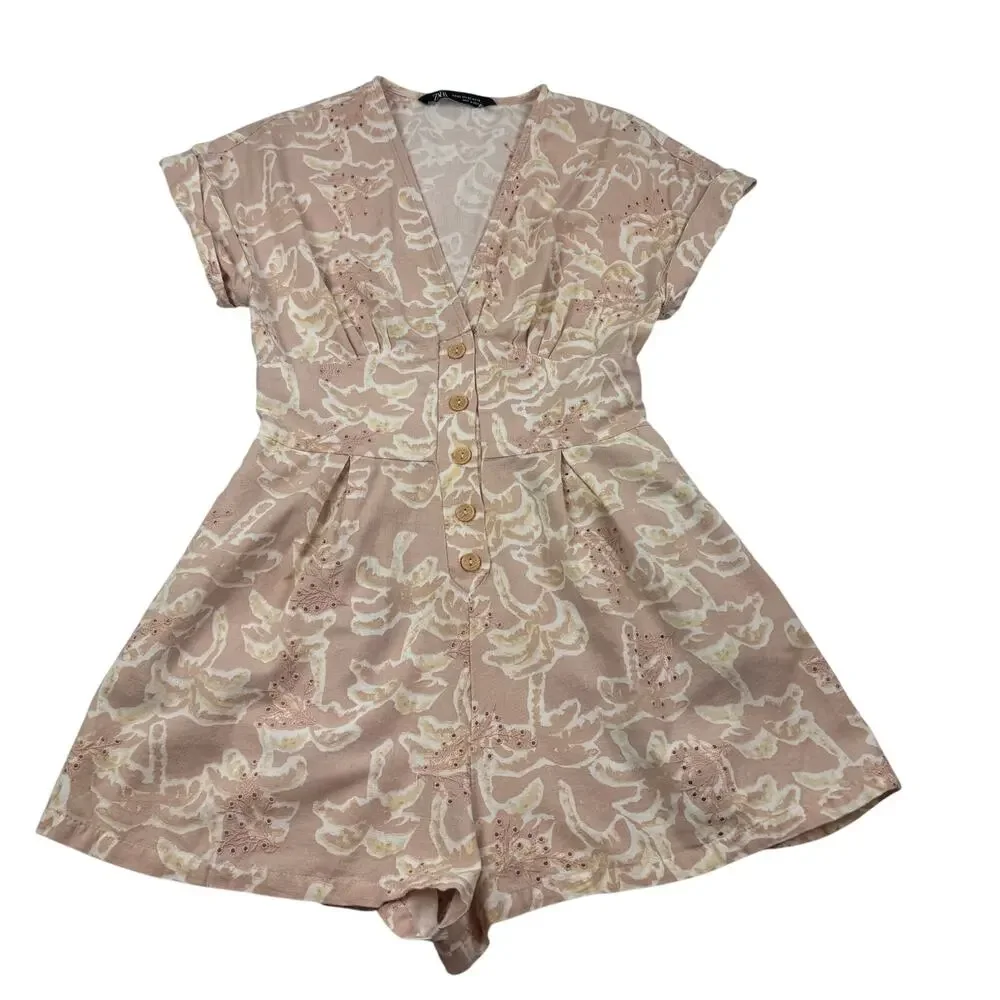 Zara Cotton Linen Floral Eyelet Feminine Cottage Romper Women's Size XS