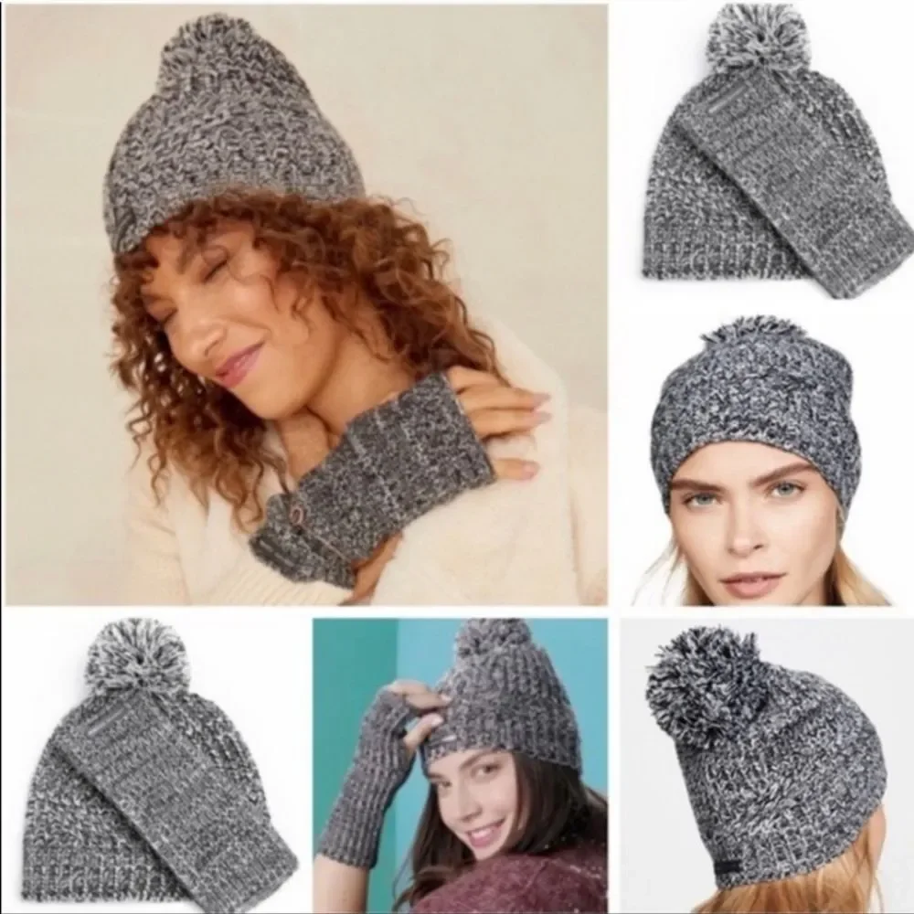 NWT Rebecca Minkoff Knit Hat and Hand Warmers, Black and White with Pom Pom