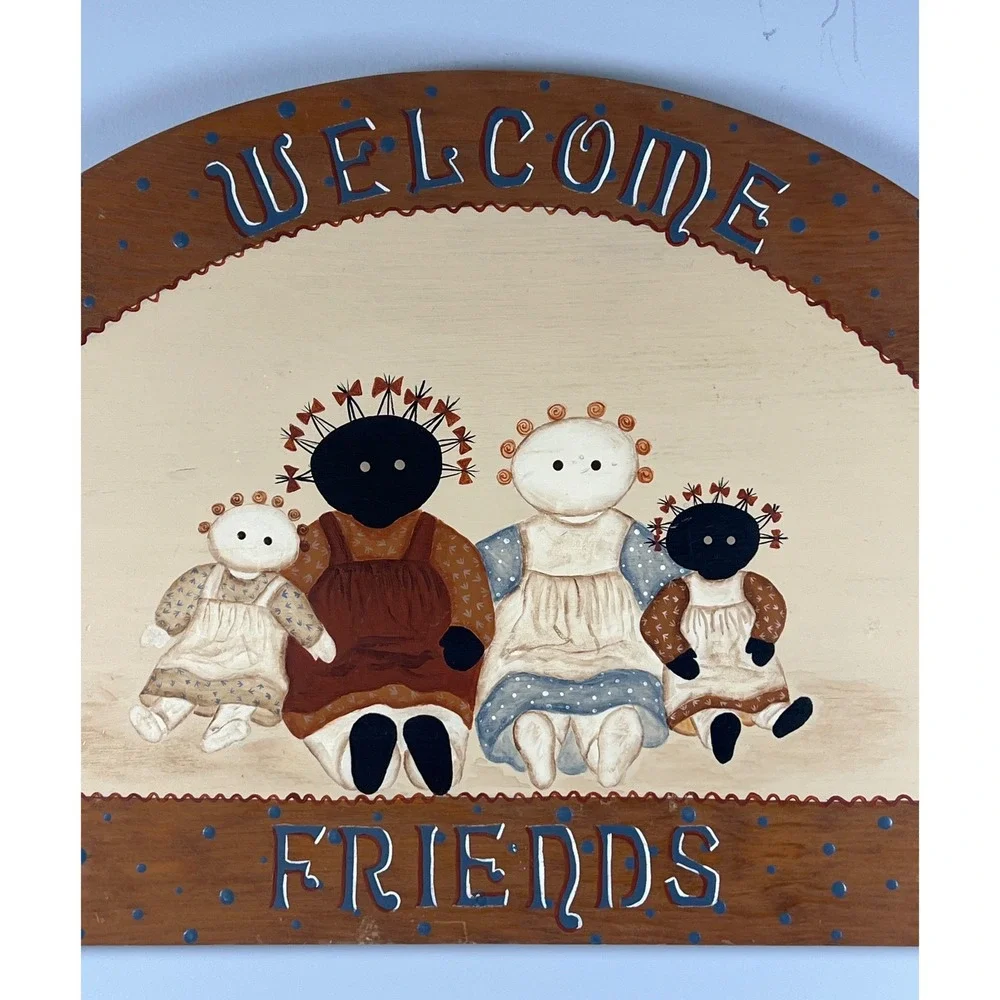 Vintage Welcome Friends Wooden Wall Sign Cottagecore Hand Painted Folk Art Wall