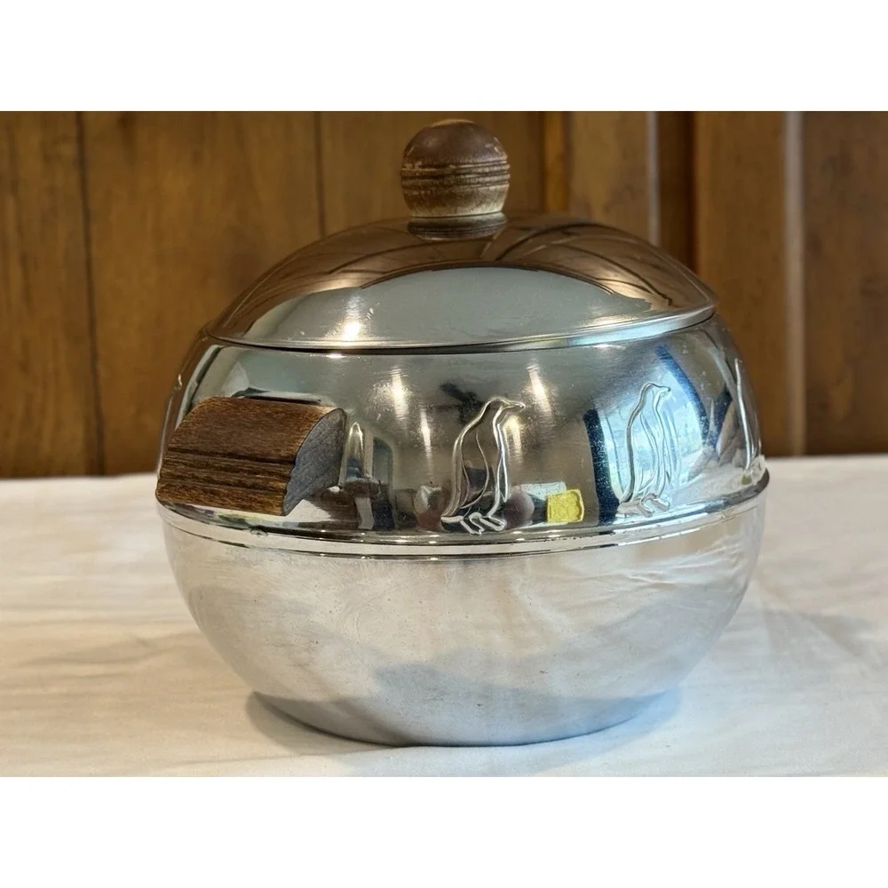 Vintage Mid Century West Bend Penguin Ice Bucket Hot & Cold Server Wood Handles