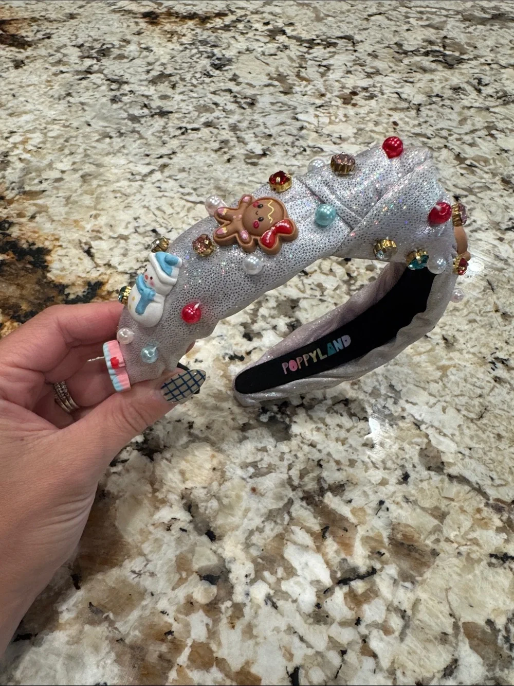 Sparkle Holiday Headband with Gingerbread & Snowman Embellishments - Silver