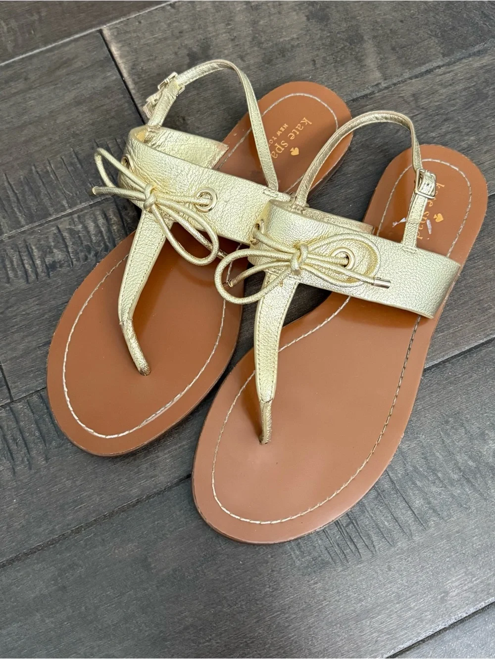 Kate Spade Gold Bow Thong Sandals with Tan Footbed 10