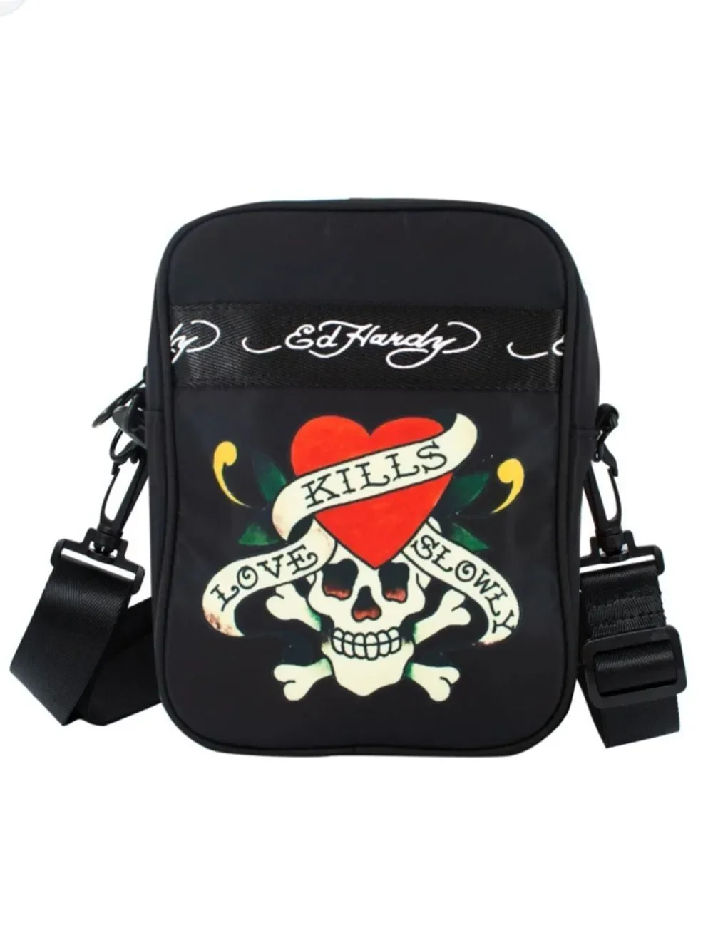 Ed Hardy Black Crossbody Messenger Bag with Red Heart Skull Graphic