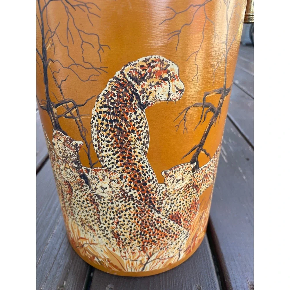 Vintage Cheetah Wildlife Ice‎ Bucket Mid Century Modern Orange Vinyl Barware