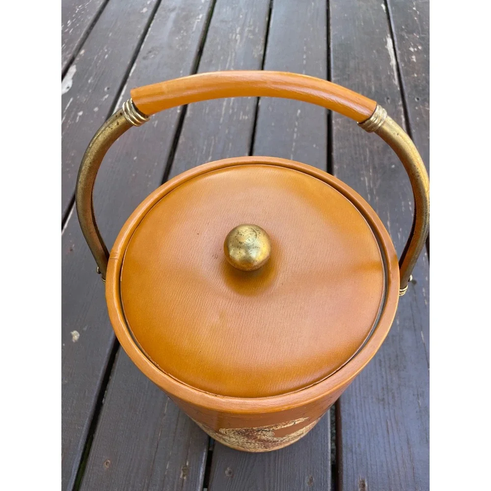 Vintage Cheetah Wildlife Ice‎ Bucket Mid Century Modern Orange Vinyl Barware