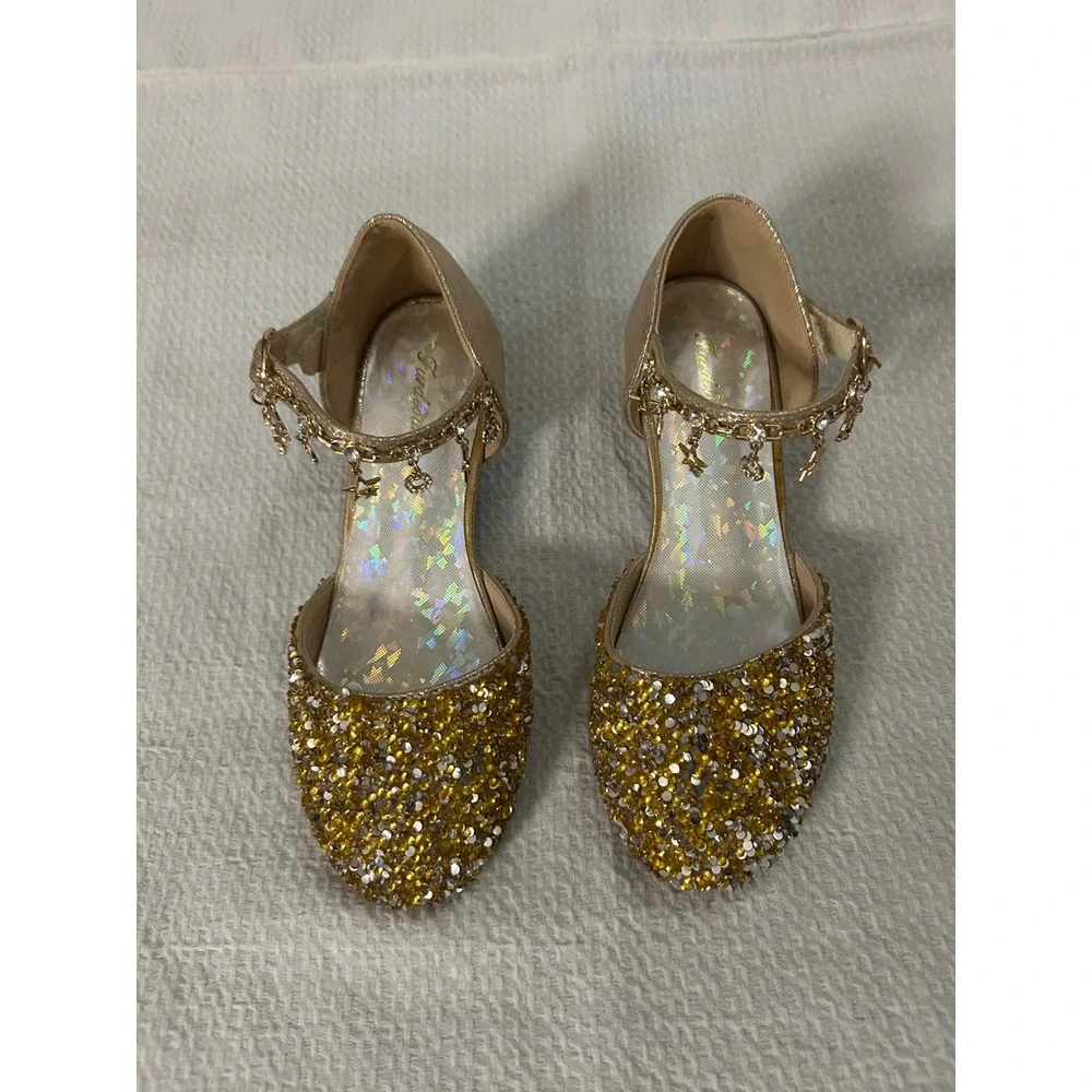 Girls Gold Fairytail Princess Sequin Star Charm Shoes Kitten Heel Pageant Sz3