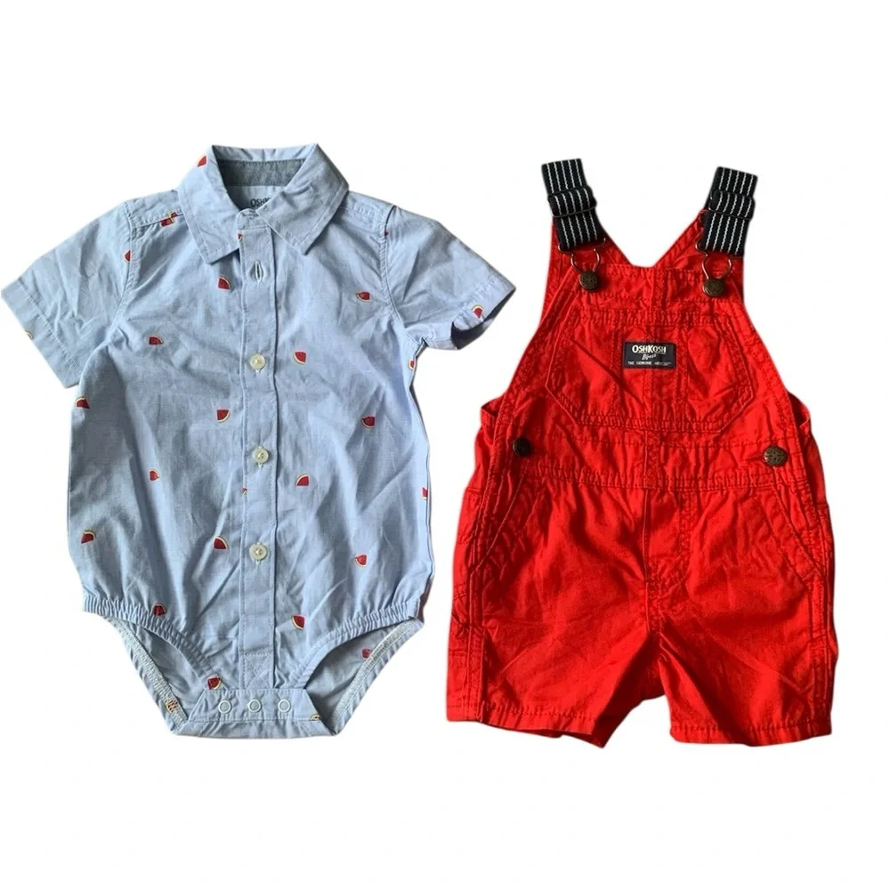 OshKosh B'gosh Toddler Short‎ Overalls Set Red Watermelon Bodysuit Boys 9M