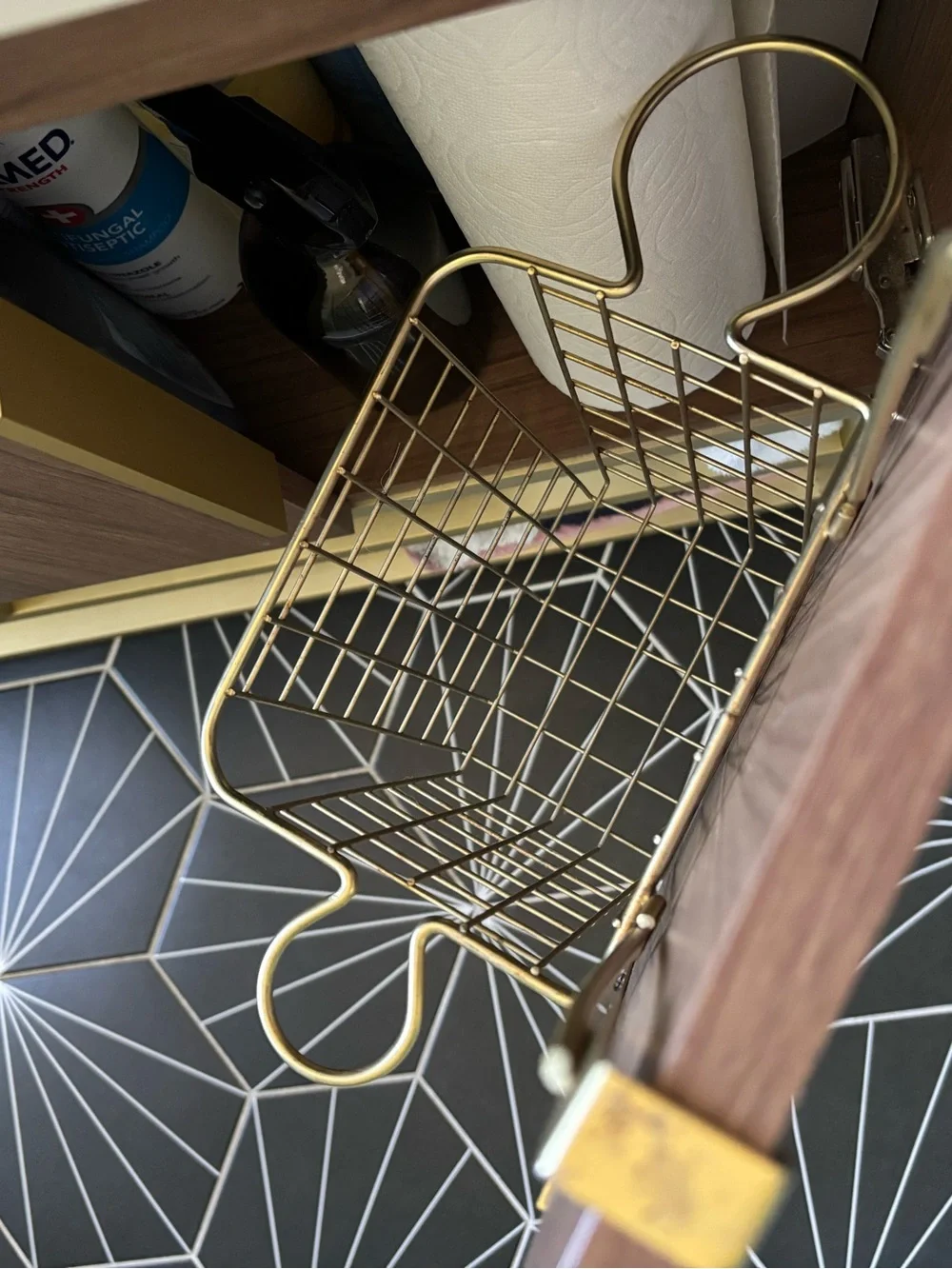 Hair tool organizer basket under cabinet shelf wire