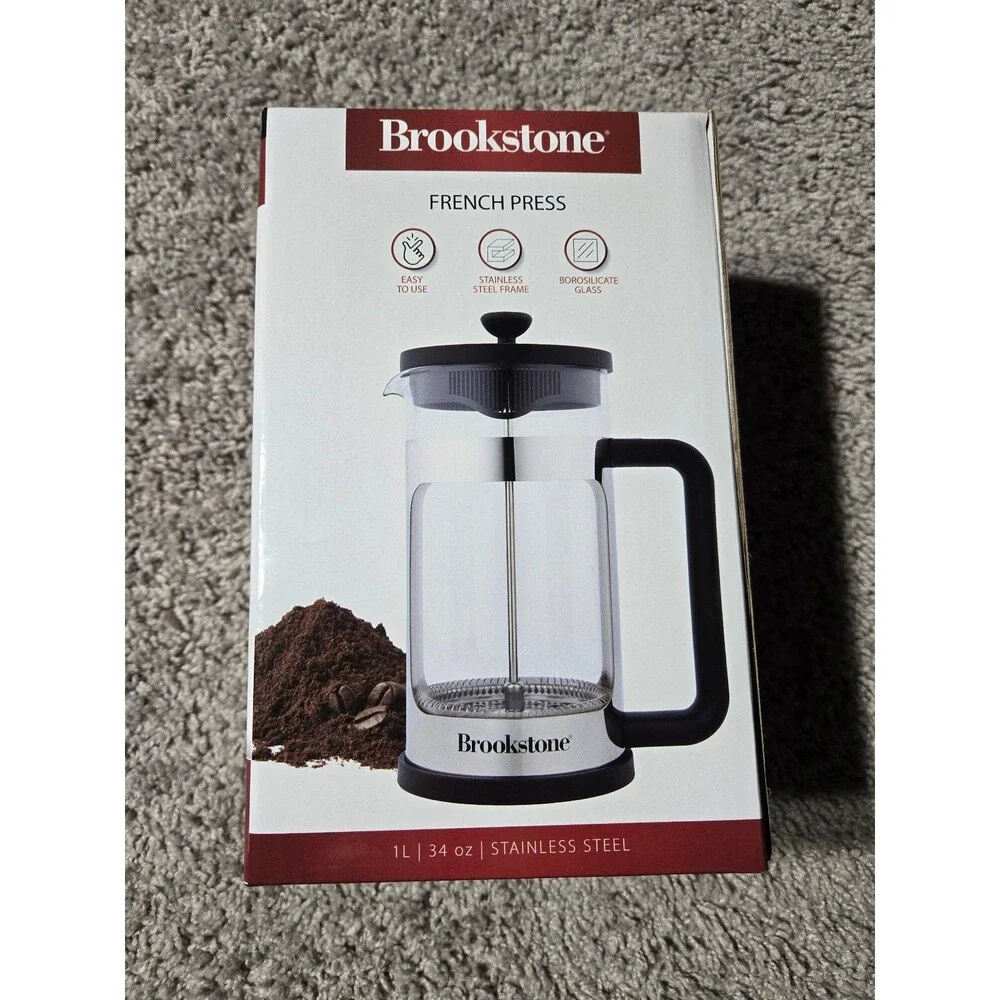 NIB Brookstone French Press Stainless Steel Black 1 Liter Borosilicate Glass