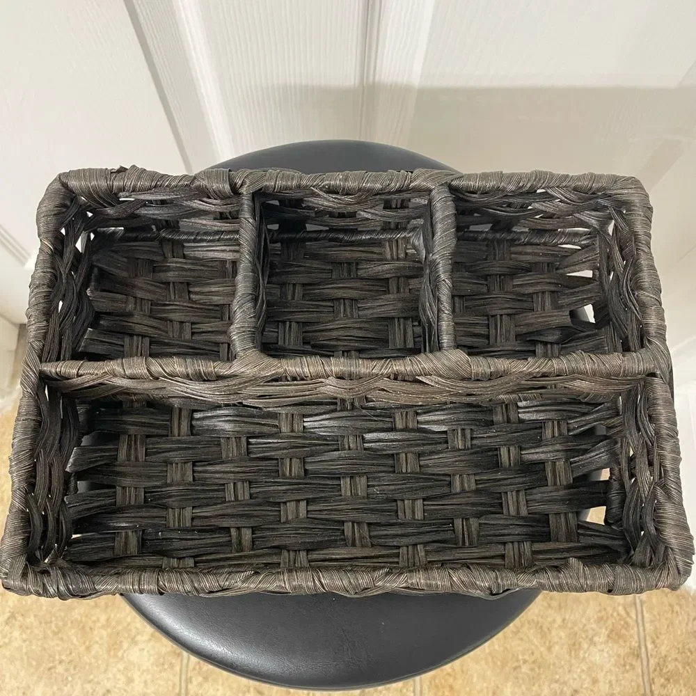 Dark Brown Woven Storage Basket Organizer – 4 Compartments, 11”x7”x4”