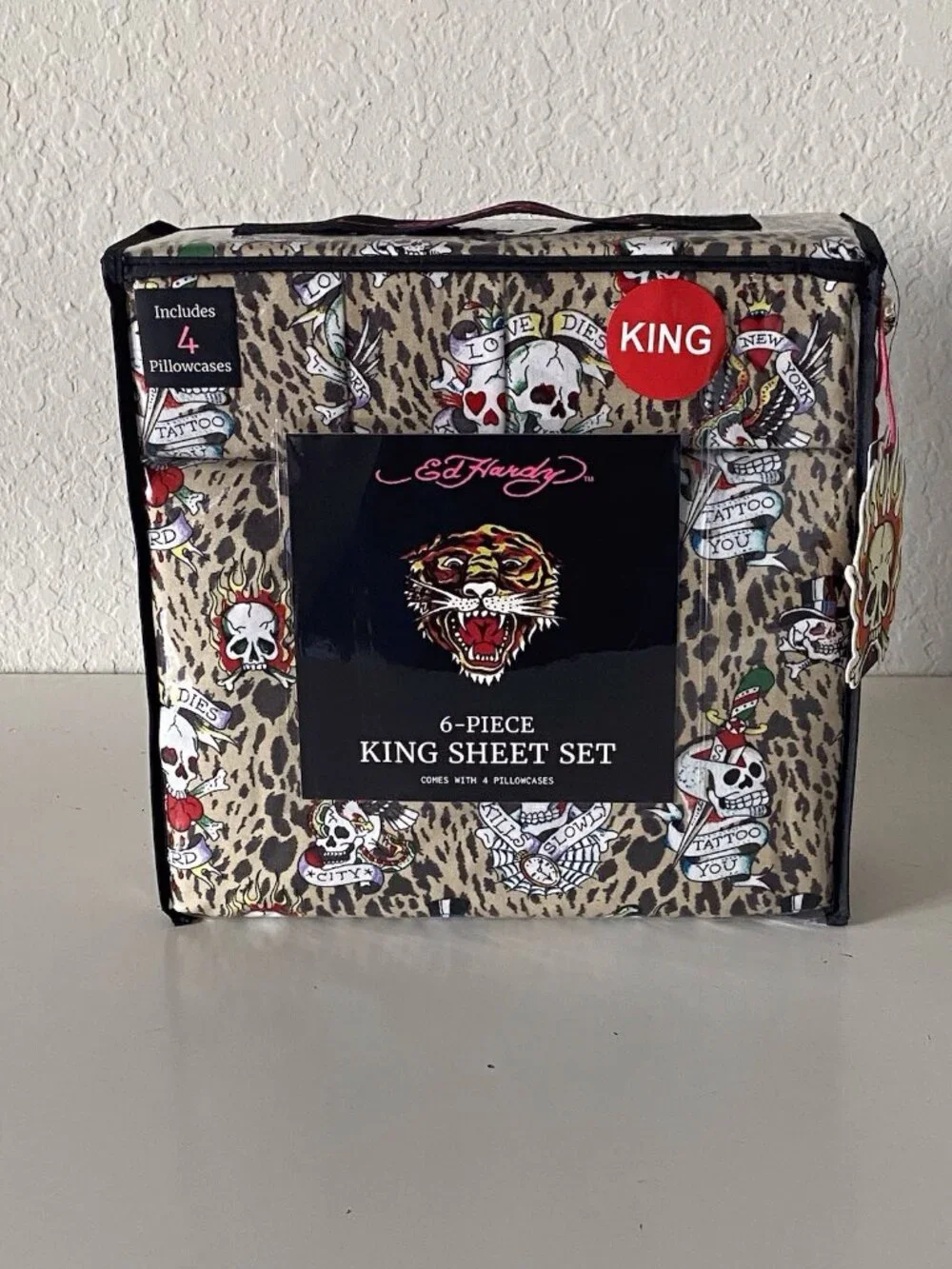 6 PC Ed Hardy KING SIZE‎ Sheet Set Skulls Heart Leopard Animal Print NEW