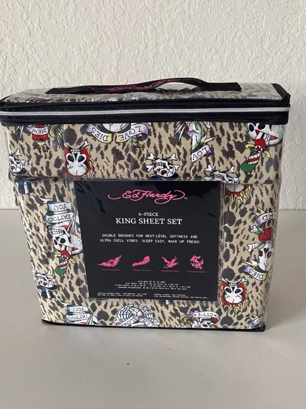 6 PC Ed Hardy KING SIZE‎ Sheet Set Skulls Heart Leopard Animal Print NEW