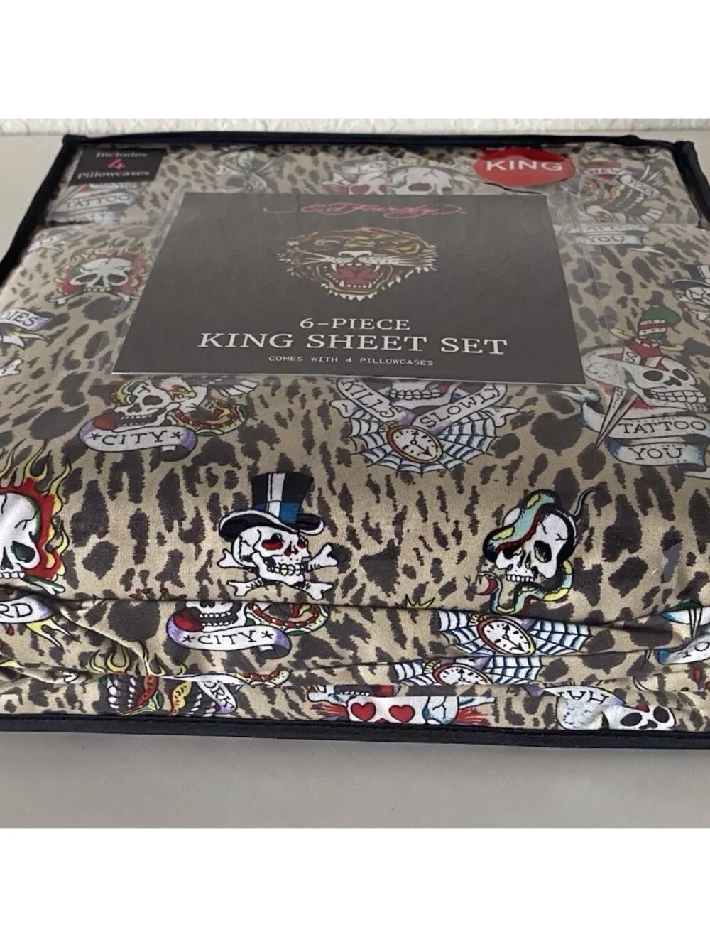 6 PC Ed Hardy KING SIZE‎ Sheet Set Skulls Heart Leopard Animal Print NEW