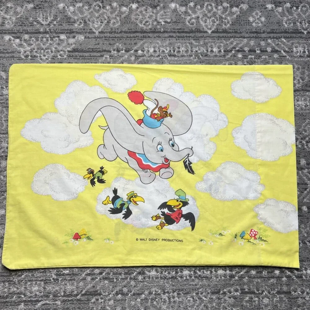 Rare Vtg 80's Walt Disney Dumbo Circus Yellow Pillow Case Crows Mushrooms 30x20