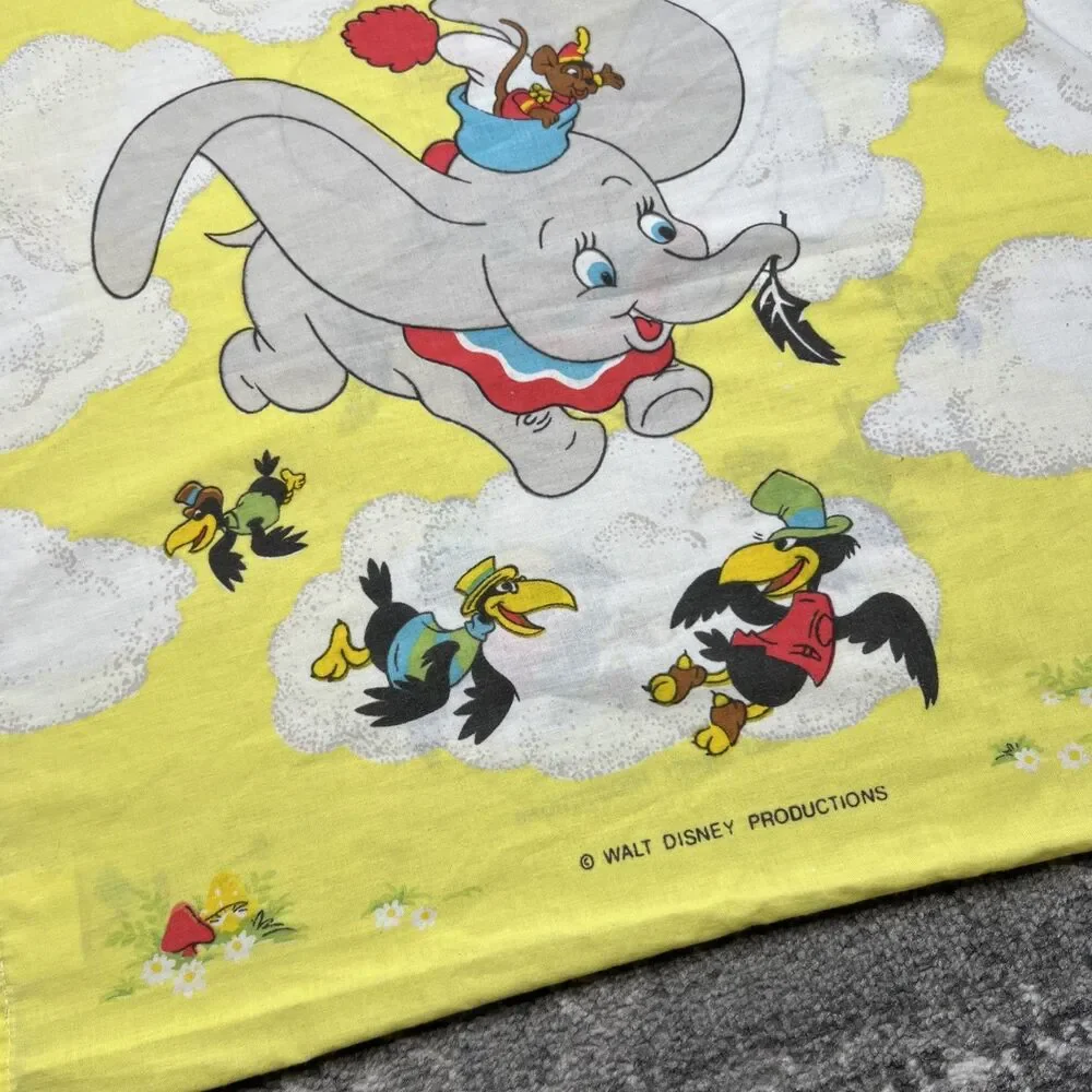 Rare Vtg 80's Walt Disney Dumbo Circus Yellow Pillow Case Crows Mushrooms 30x20
