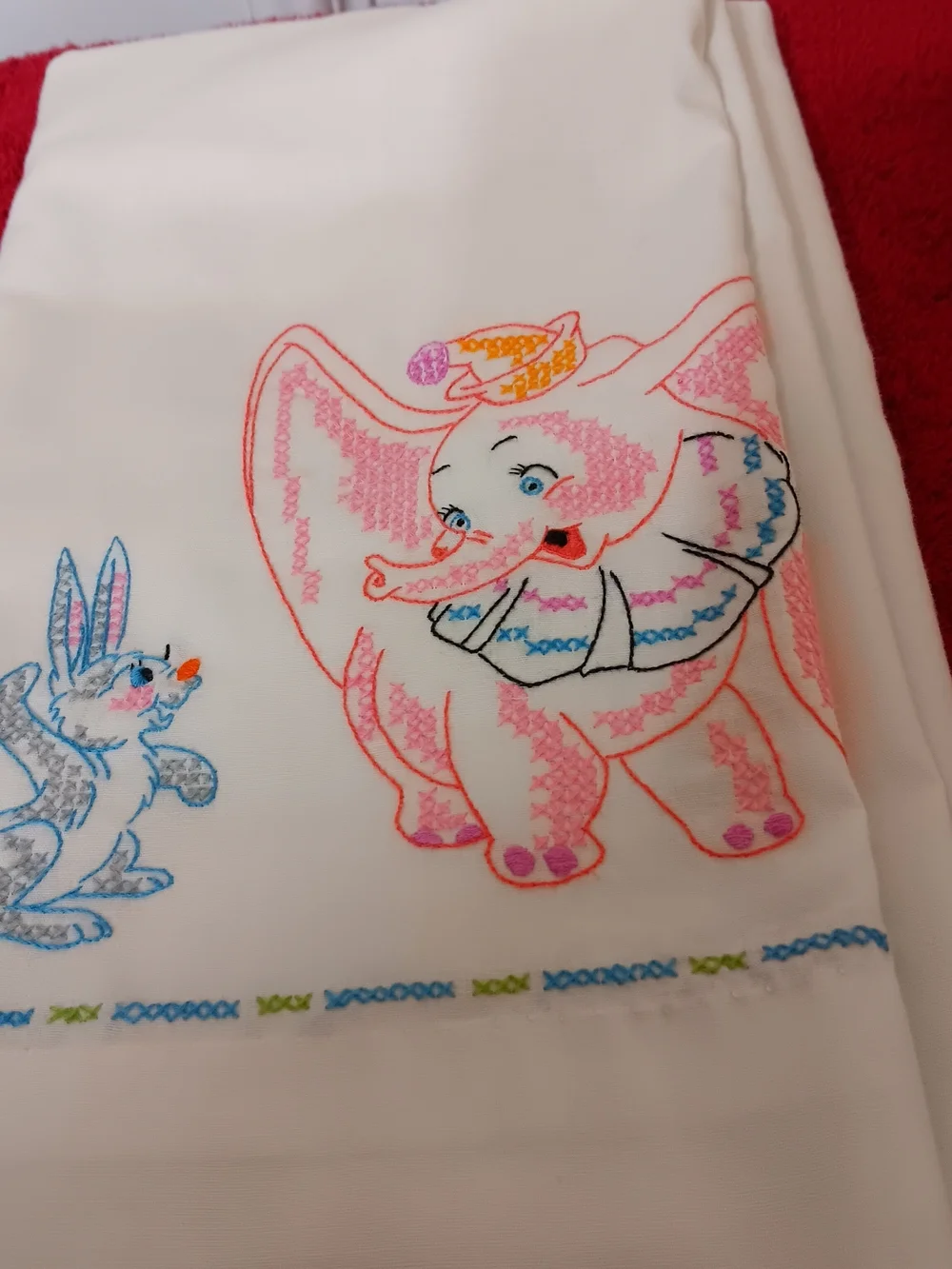 Embroidered Elephant & Bunny Vintage Cotton Crib Sheet Set - Pink, Blue, Cream