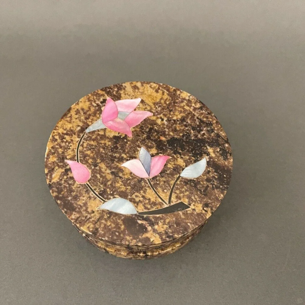 Round Marble Stone‎ Floral Flowers Trinket Jewelry Box