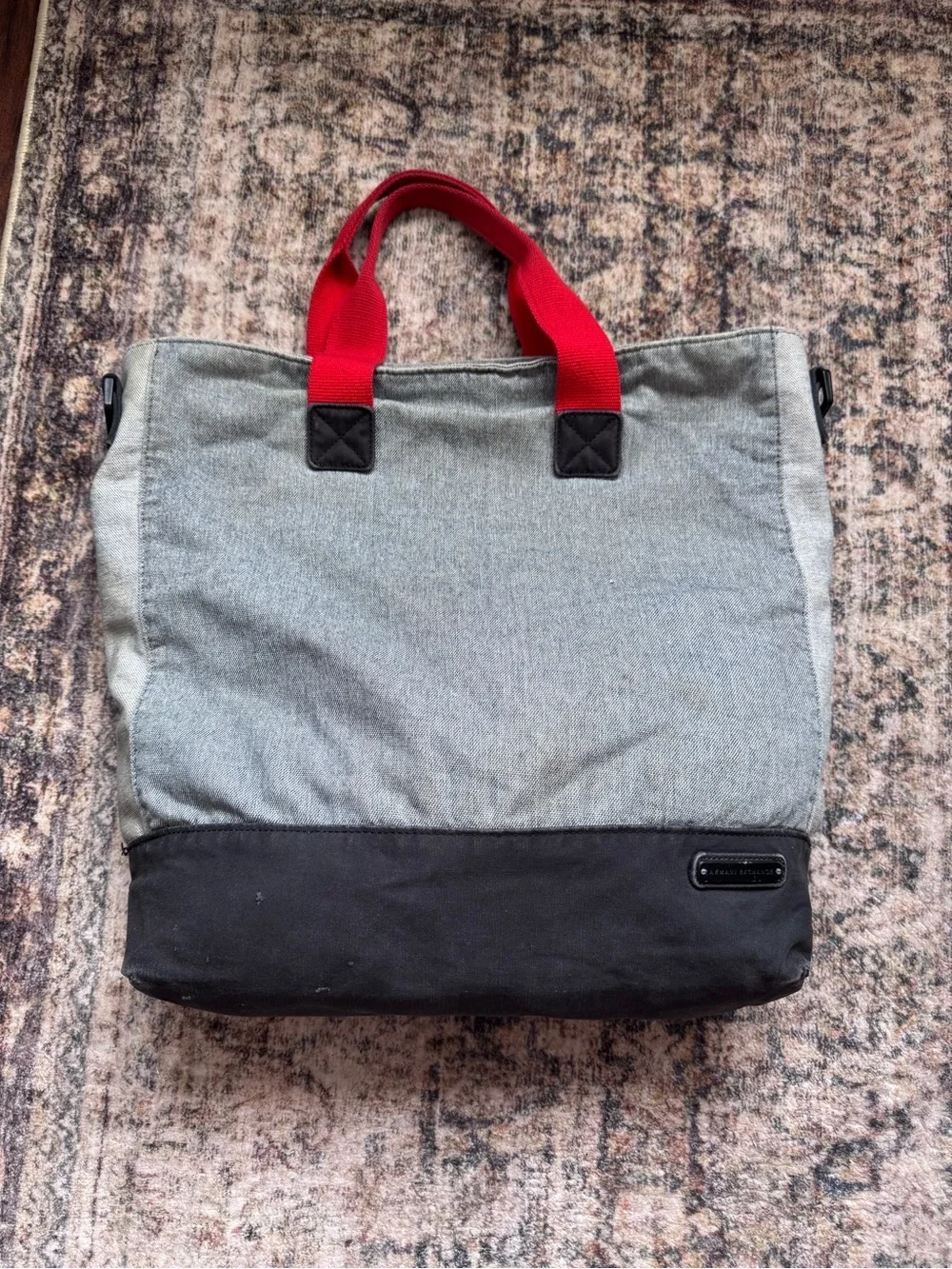 Armani Exchange Gray Canvas Tote with Red Handles