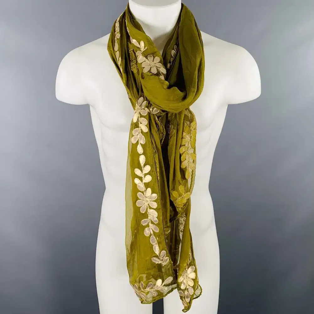 Vintage Olive Green Embroidered Floral Scarf