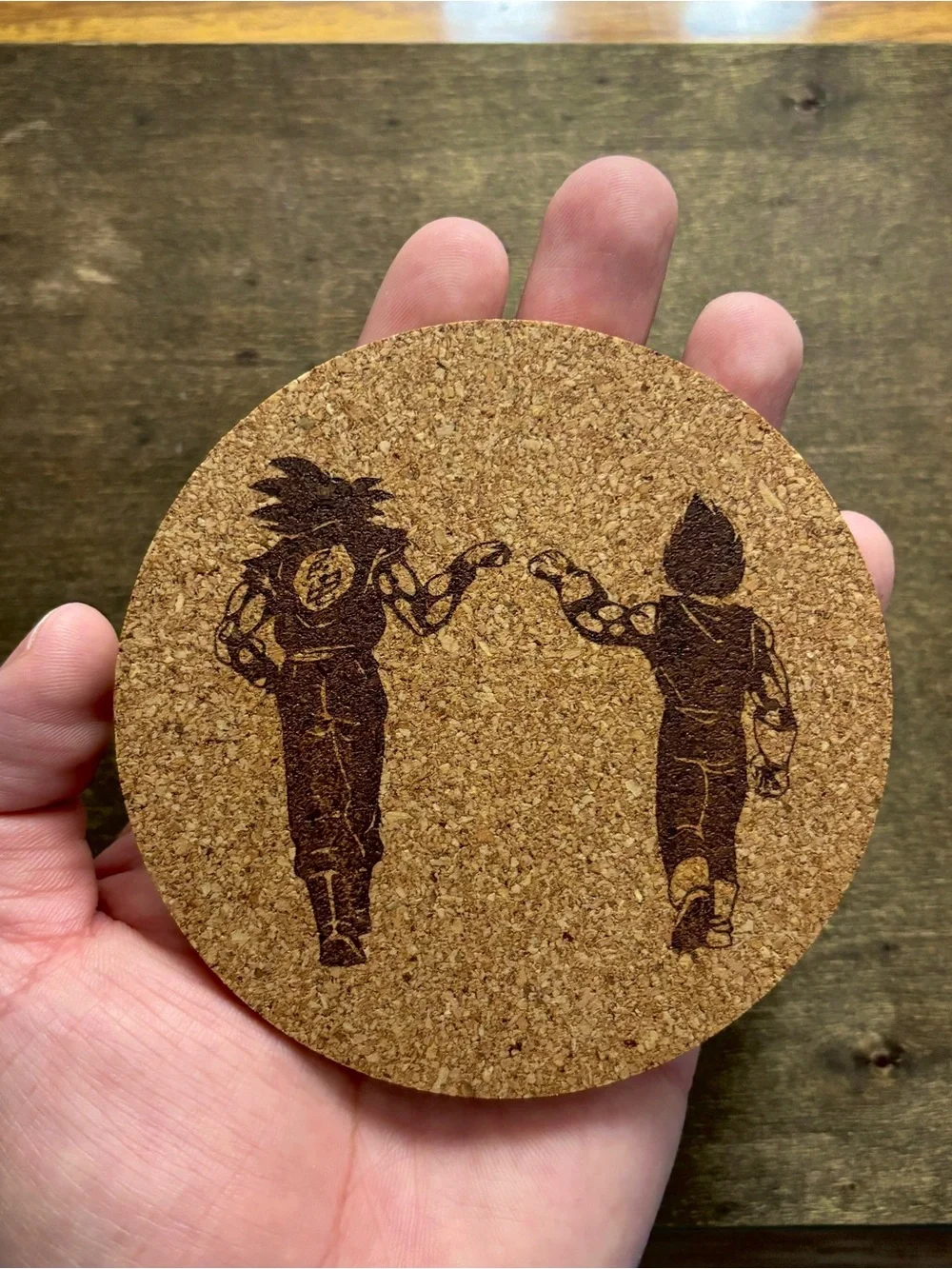 Dragon Ball Z Goku Vegeta Fist Bump Laser Engraved Cork Coaster