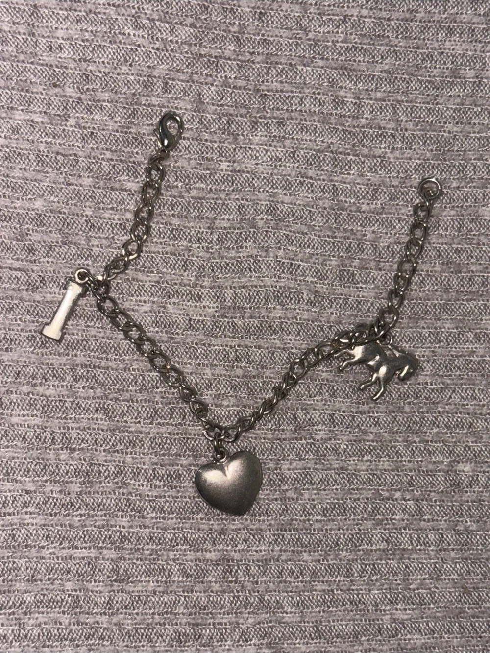Equestrian theme silver tone “I love horses” kids chain bracelet