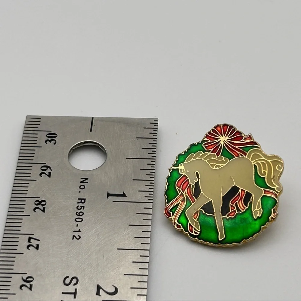 Vintage Small Novelty Red and Green Round Unicorn Pin Girl Power Red Ribbon