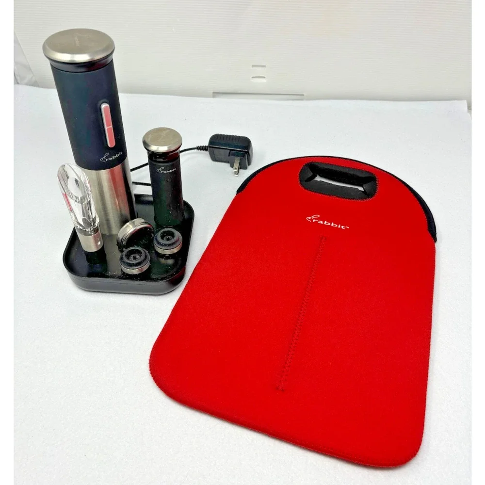 RABBIT Electric Wine Opener‎ 8pc Set with Charging Base Wine Bag Test Works