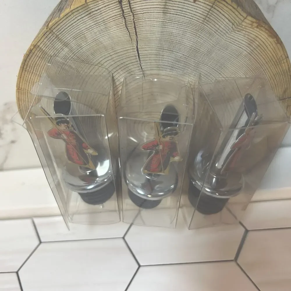 Vintage Royal Guard Beefeater Liquor Bottle Pourers Set of 3 Chrome Enamel
