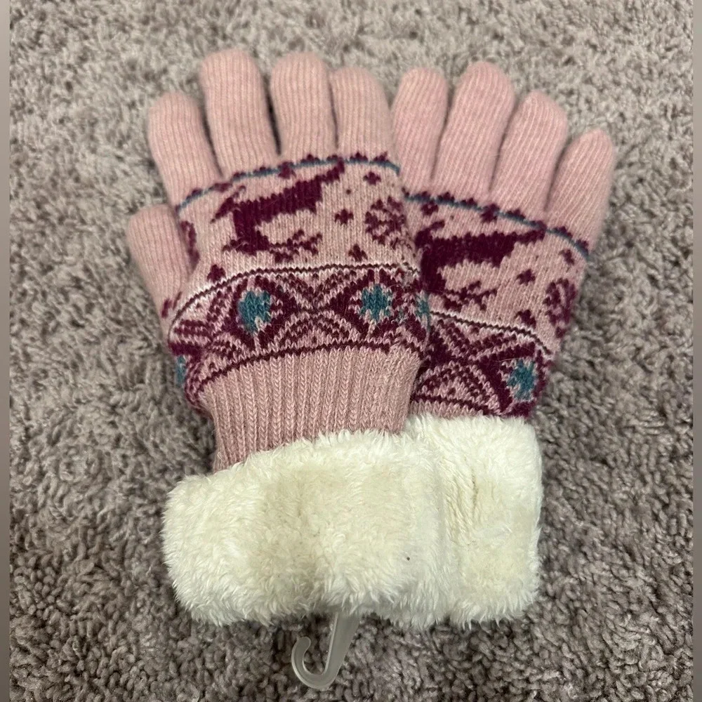 Winter Knit Faux Fur Lined Fair Isle Gloves Cozy Cabin Core Women's Medium