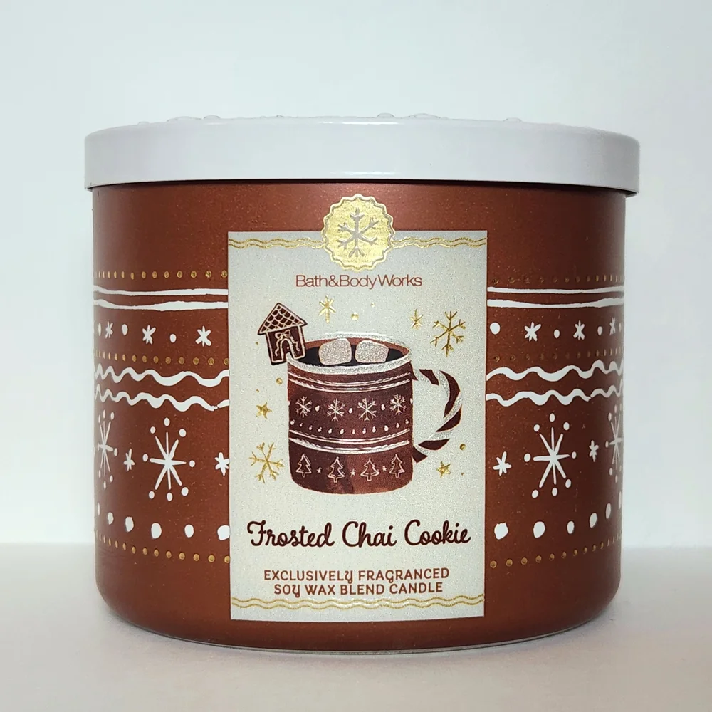 Bath & Body Works Frosted Chai Cookie 3-Wick Candle - Red and White Accents