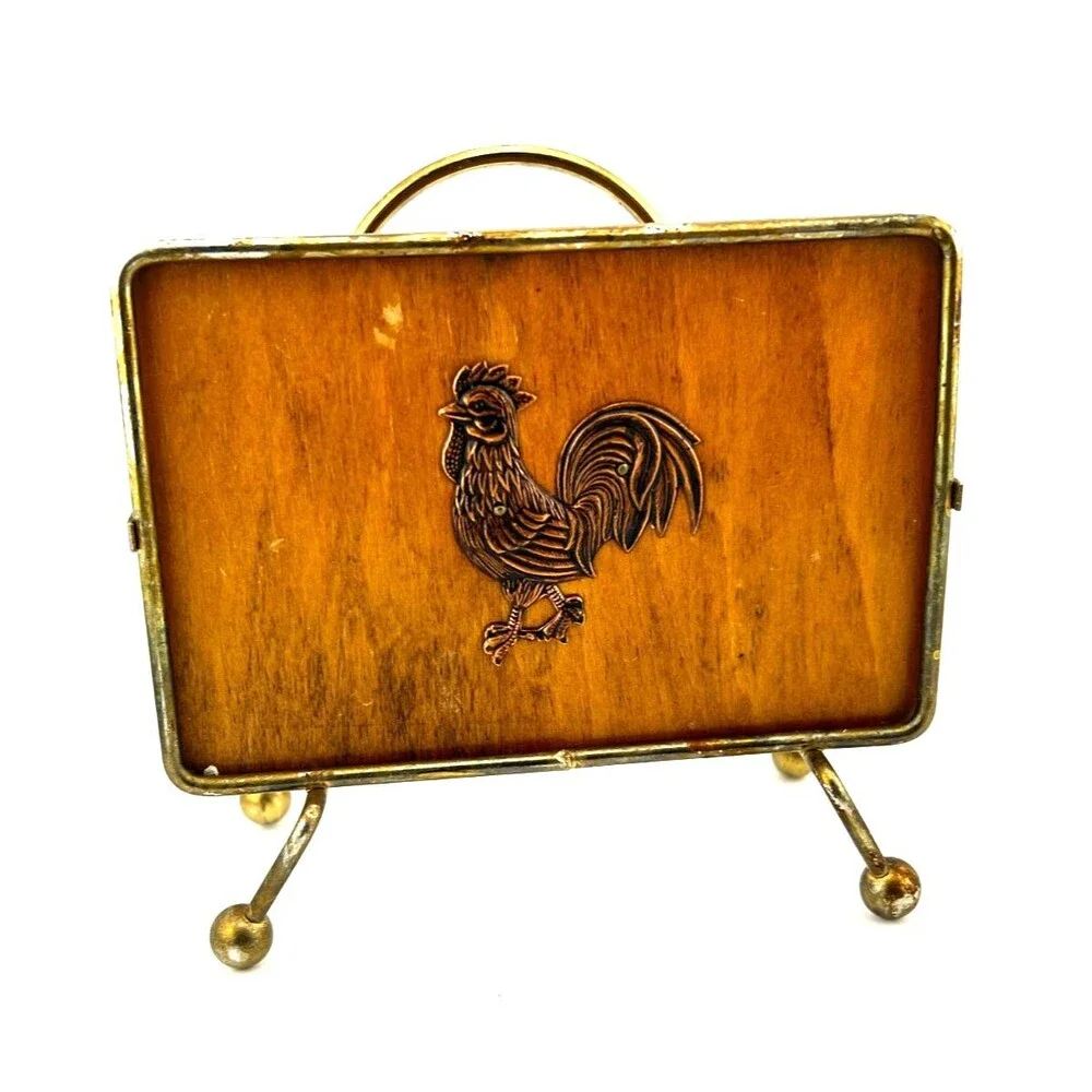 Vtg Victor Goldman Rooster Napkin Holder Wood Brass MCM Country Farmhouse Retro