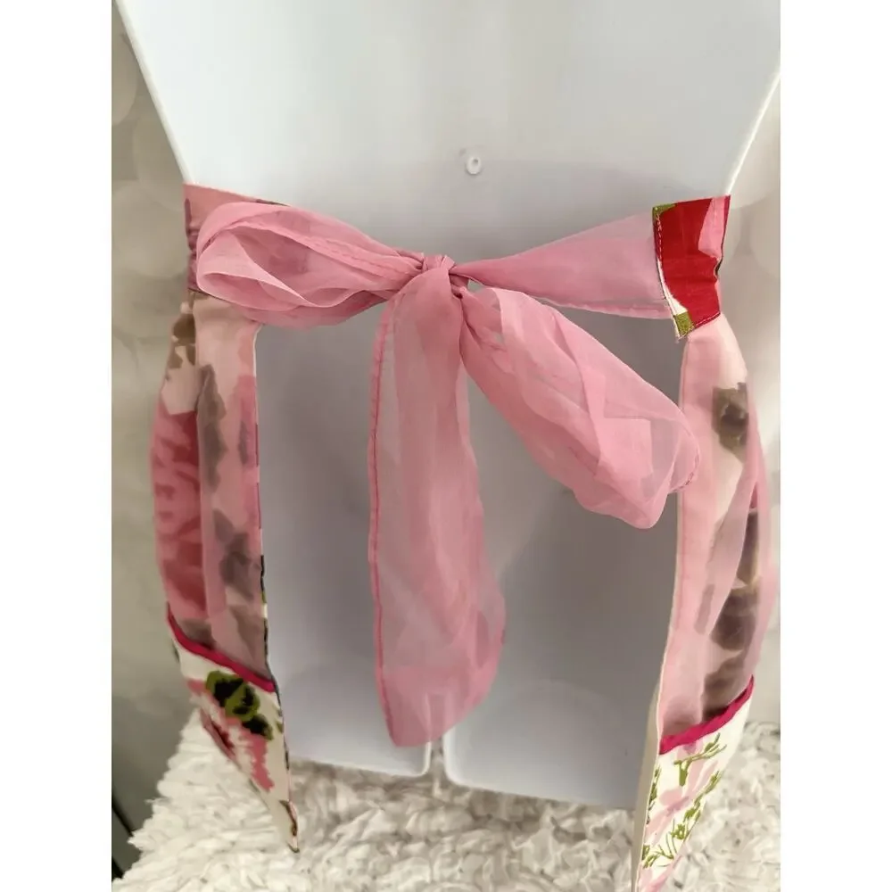 VTG HANDMADE Pink Rose Chintz Hostess Apron Chiffon Accents Reversible Country