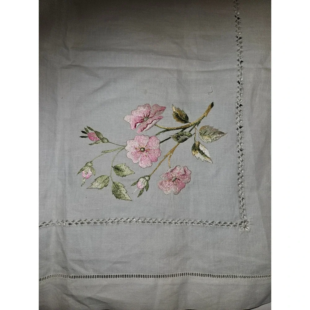 Vintage Hand Embroidered White Linen Tea Tablecloth Pink Wild Rose Hemstitch
