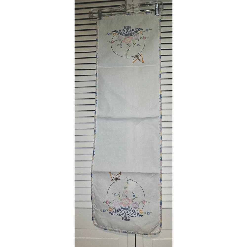 Vintage Hand Embroidered Linen Table Runner Floral Basket Butterfly Crochet Trim