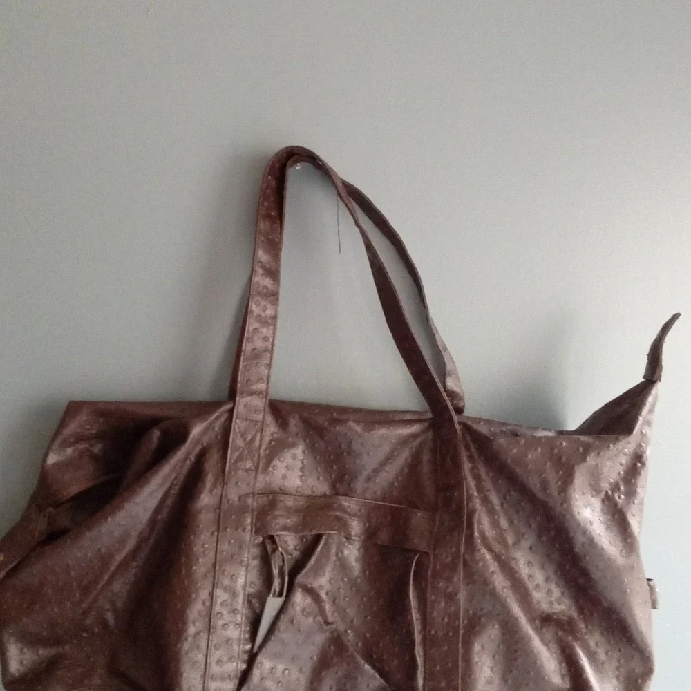Ostrich Embossed Faux Leather Weekender Travel Duffel Bag Brown Large Overnight‎