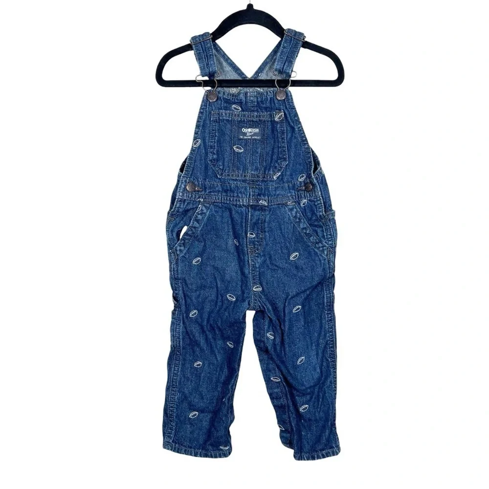 OshKosh B’gosh Toddler Football Embroidered Denim Overalls Size 24M Cotton