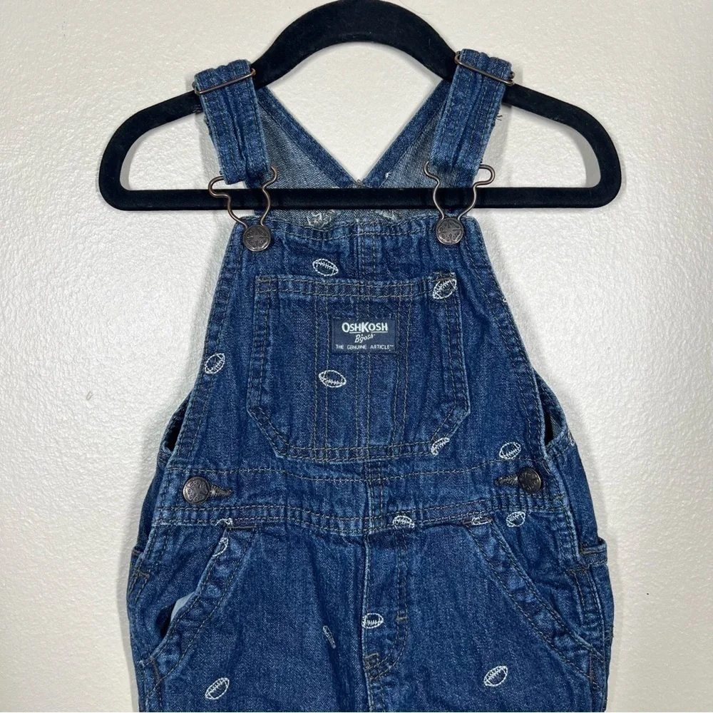 OshKosh B’gosh Toddler Football Embroidered Denim Overalls Size 24M Cotton