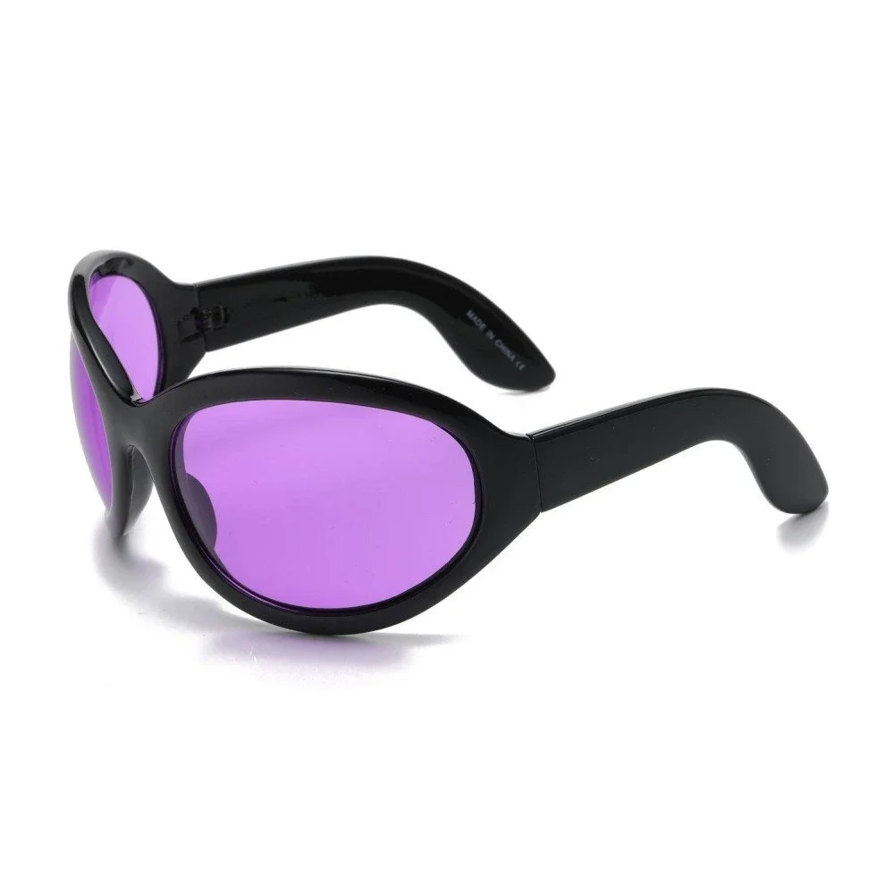 Mens Oversized Bug Eye Sunglasses Black Frame Purple Tinted Lens Cyber Y2K Wrap