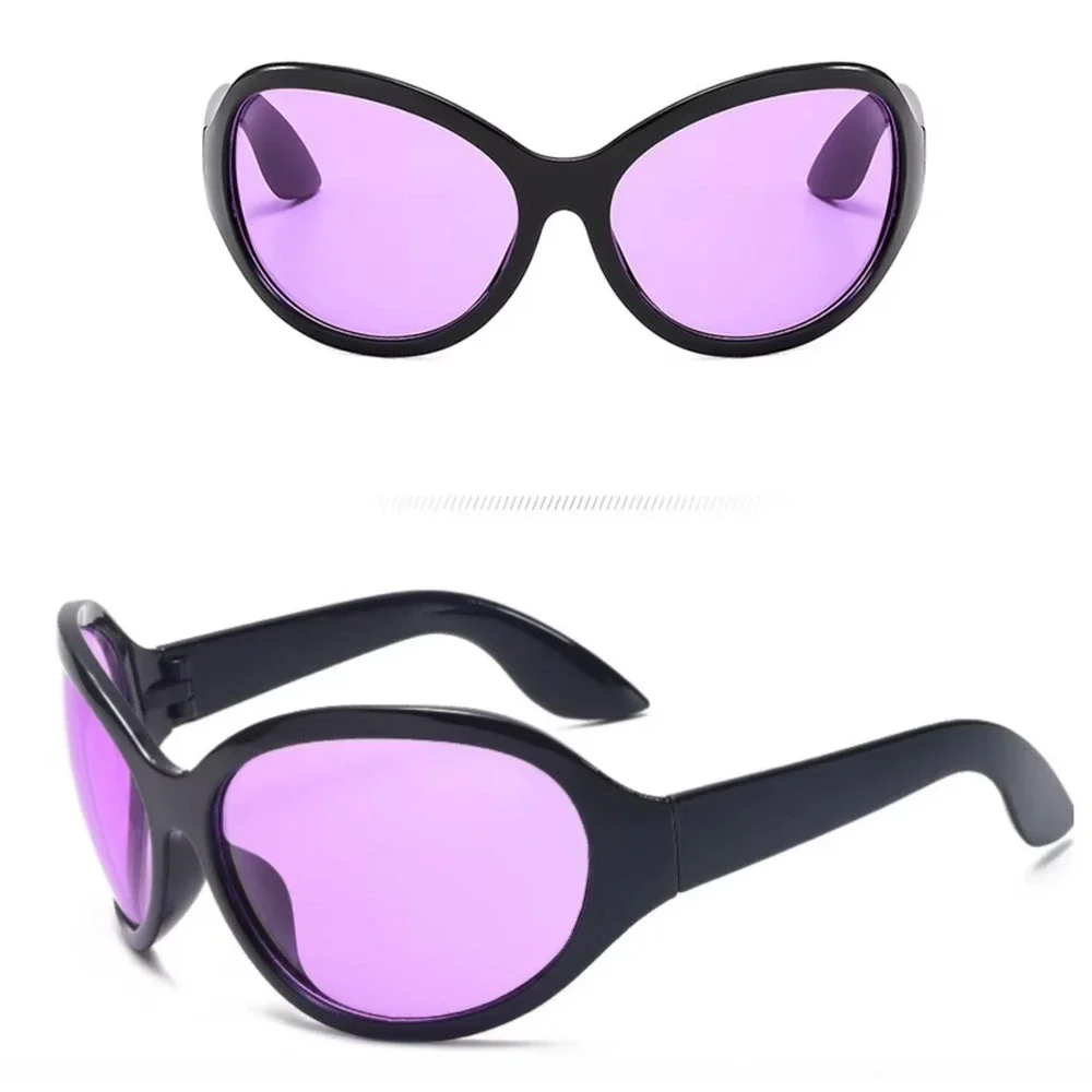 Mens Oversized Bug Eye Sunglasses Black Frame Purple Tinted Lens Cyber Y2K Wrap