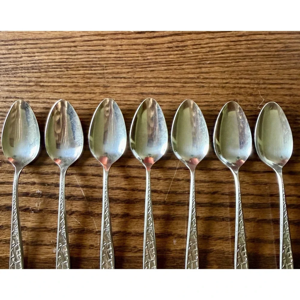 Vintage EKCO Stainless Steel Teaspoons Set of 7 Mid Century Modern Geometric